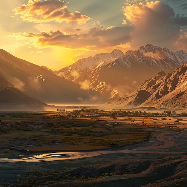 Fotos renderizadas em 3D de belas cenas de crepúsculo de cores quentes na paisagem natural do Tibete