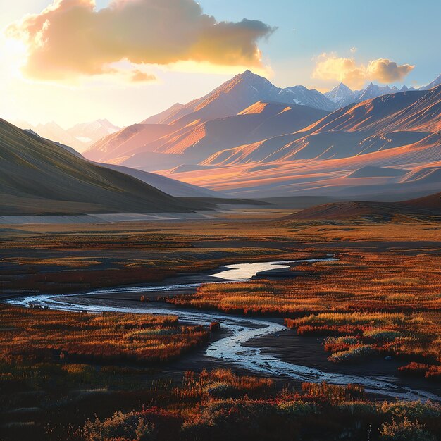 Fotos renderizadas em 3D de belas cenas de crepúsculo de cores quentes na paisagem natural do Tibete