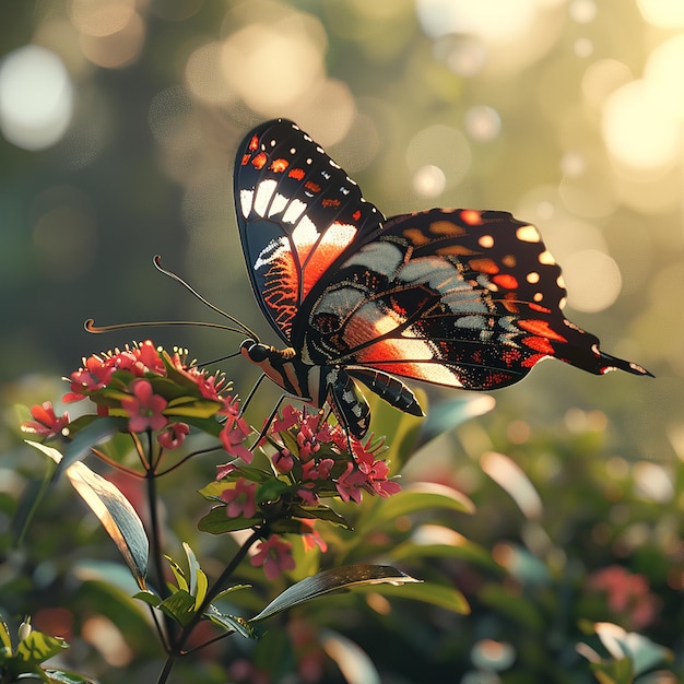 Fotos renderizadas em 3D de borboletas coloridas em flores em close view Nikon D850 105mm f 18 cinematográfico