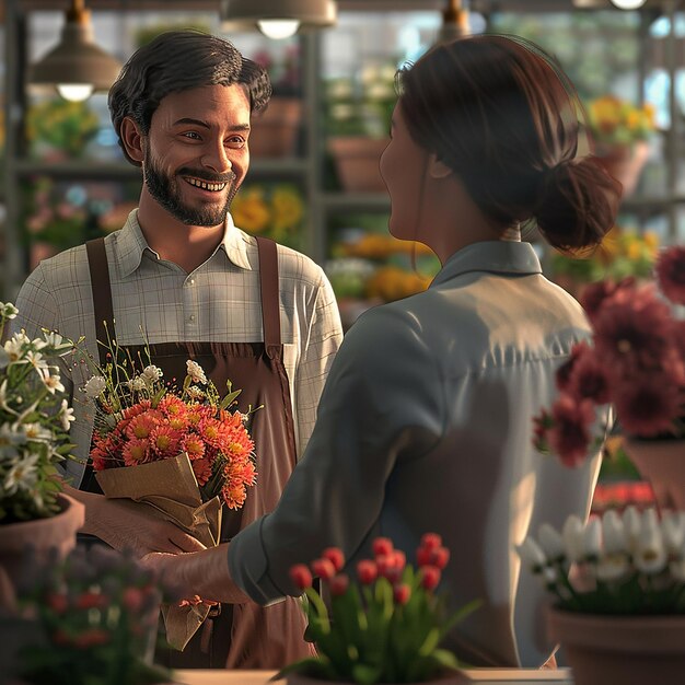 Foto fotos renderizadas em 3d de florista vendendo buquê de flores ao cliente foto realista de fundo floral