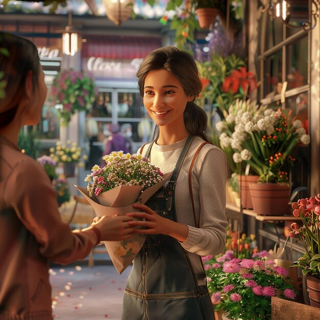 Foto fotos renderizadas em 3d de florista vendendo buquê de flores ao cliente foto realista de fundo floral