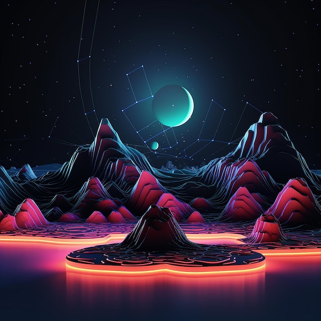 Fotos renderizadas em 3D de fundo de néon abstrato, forma geométrica, paisagem noturna com colinas e rochas