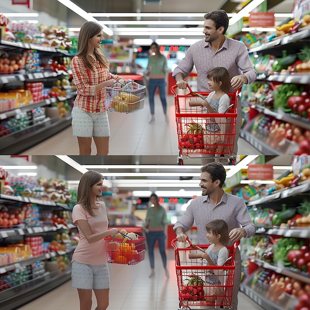 Fotos renderizadas em 3D de marido, esposa e filhos fazendo compras no mercado. Homem empurrando carrinho.