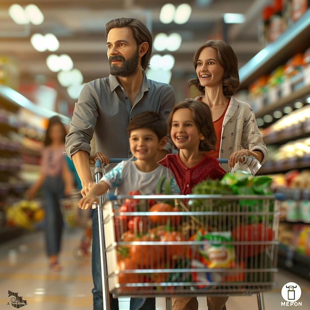 Foto fotos renderizadas em 3d de marido, esposa e filhos fazendo compras no mercado. homem empurrando carrinho.