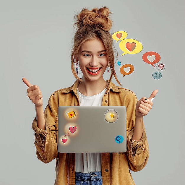 Fotos renderizadas em 3D de menina segurando um laptop com o polegar para cima posando ícone de "gosto" e o pulgar para cima com fundo simples