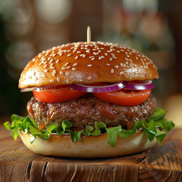 Fotos renderizadas em 3D de prato de hambúrguer com carne bovina, tomate, cebola, repolho, vista de perto