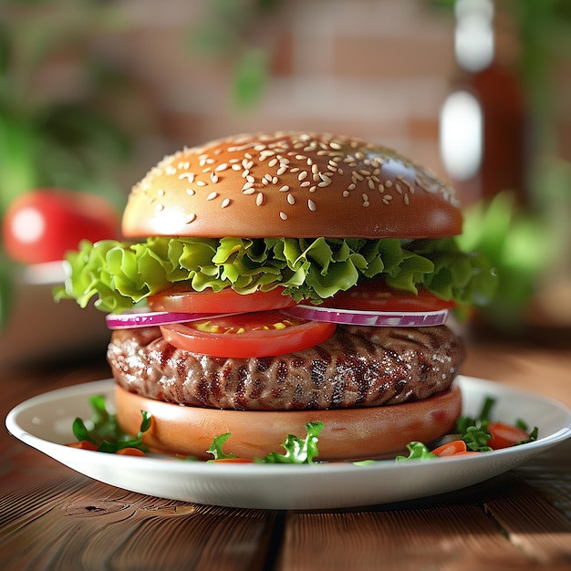 Fotos renderizadas em 3D de prato de hambúrguer com carne bovina, tomate, cebola, repolho, vista de perto