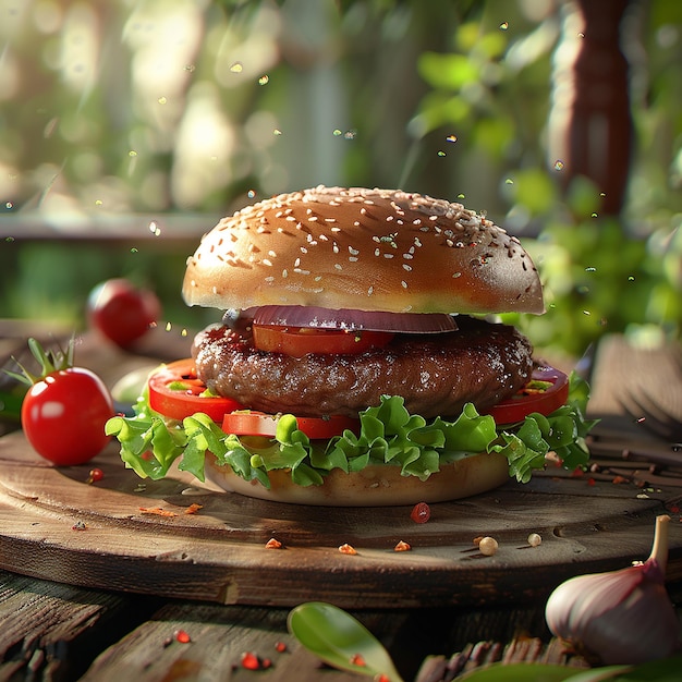 Fotos renderizadas em 3D de prato de hambúrguer com carne bovina, tomate, cebola, repolho, vista de perto