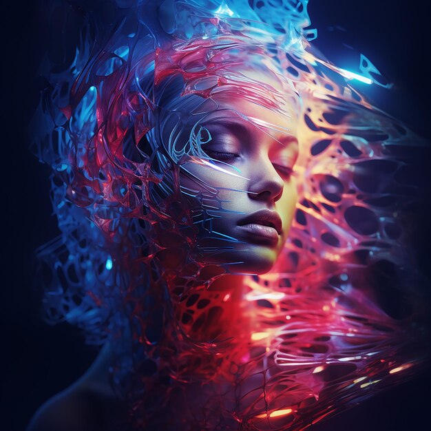 Fotos renderizadas em 3D de retratos abstratos com efeitos de luz