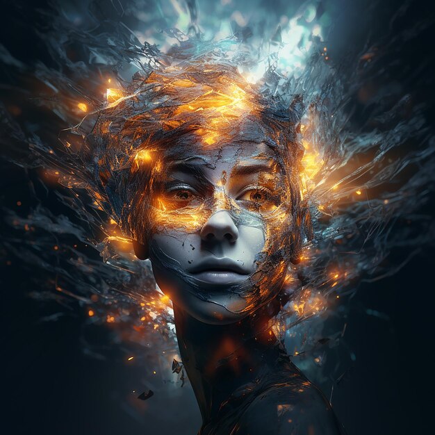 Fotos renderizadas em 3D de retratos abstratos com efeitos de luz