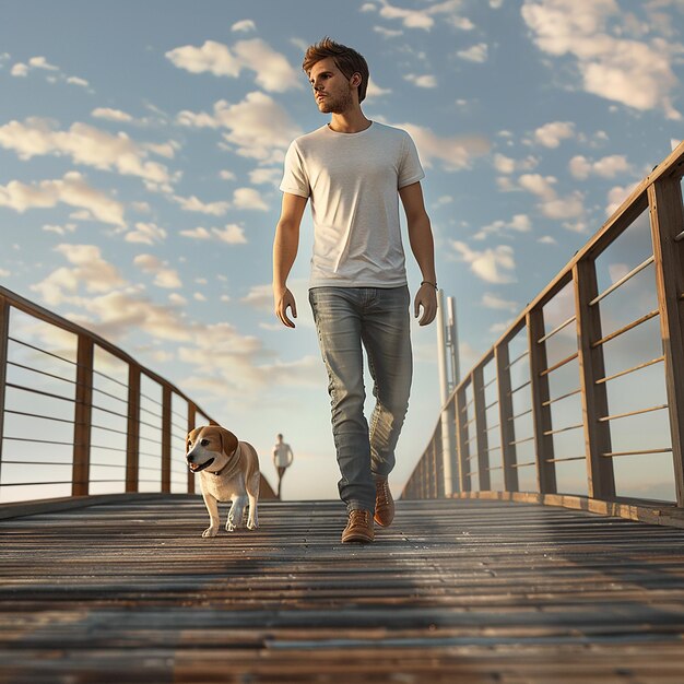 Foto fotos renderizadas em 3d de street snap de um jovem de camiseta caminhando em um calçadão de madeira com um cachorro