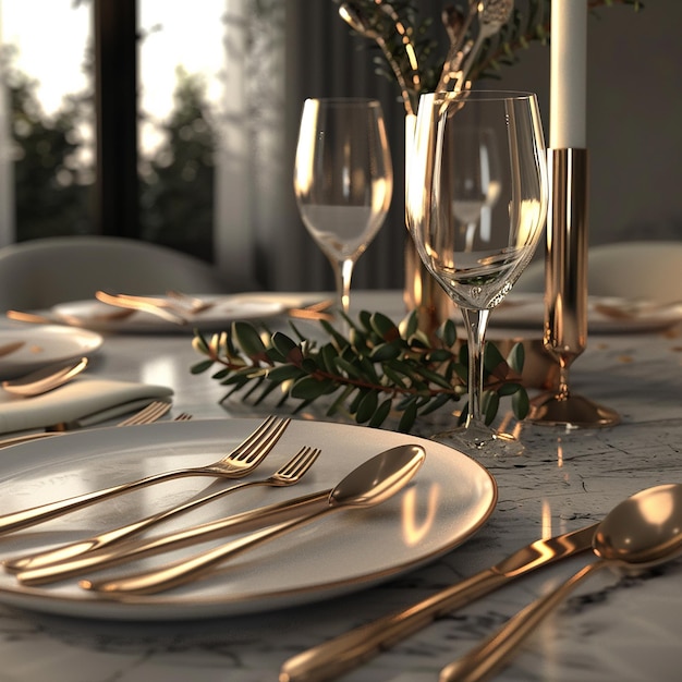 Foto fotos renderizadas em 3d de talheres colocados na mesa de um restaurante de luxo
