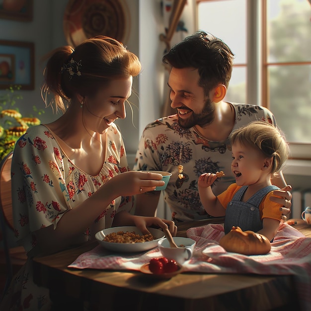 Fotos renderizadas em 3D de um casal alimentando seu bebê com cereais em close-up filmadas com luz natural cinematográfica