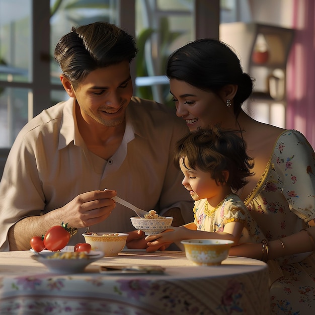 Foto fotos renderizadas em 3d de um casal alimentando seu bebê com cereais em close-up filmadas com luz natural cinematográfica