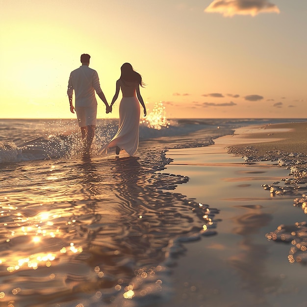 Fotos renderizadas em 3D de um casal caminhando na praia de vestido completo com vista lateral escura