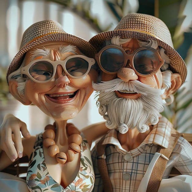 Fotos renderizadas em 3D de um casal de idosos felizes, um bom exemplo de uma vida de casamento feliz.