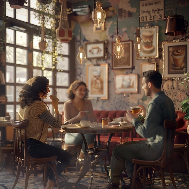 Fotos renderizadas em 3D de um grupo de amigos sentados em uma cafeteria.