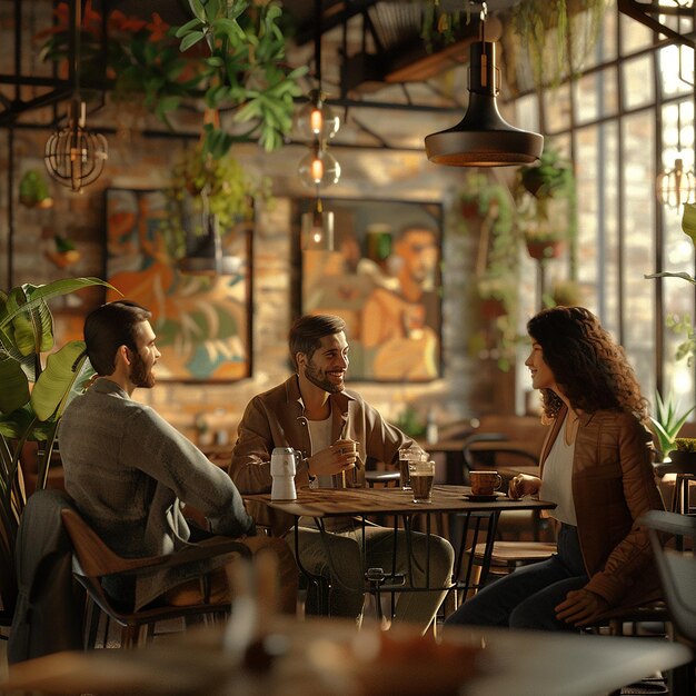 Foto fotos renderizadas em 3d de um grupo de amigos sentados em uma cafeteria.