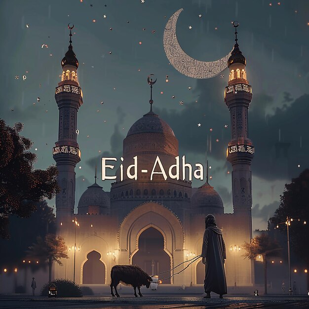 Fotos renderizadas em 3D de um homem muçulmano de mesquita com uma cabra escrita quotEID ul ADHAquot na imagem lua em to