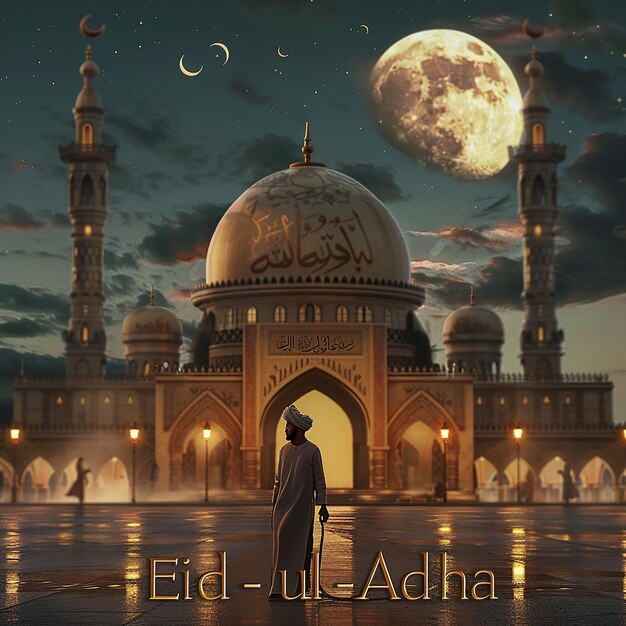 Fotos renderizadas em 3D de um homem muçulmano de uma mesquita com uma cabra escrita EID ul ADHA na imagem da lua em cima