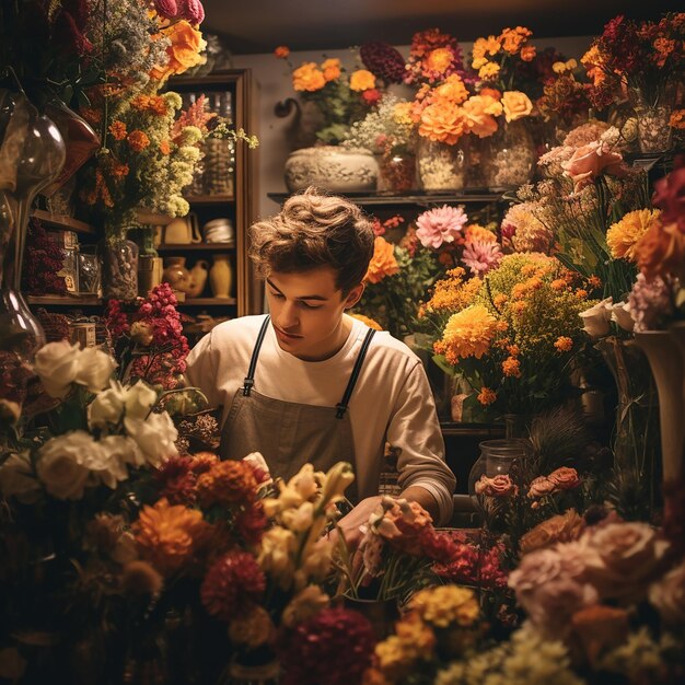 Fotos renderizadas em 3D de um jovem trabalhando em uma florista colorida