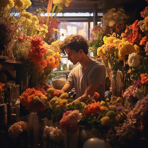 Fotos renderizadas em 3D de um jovem trabalhando em uma florista colorida