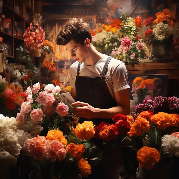 Fotos renderizadas em 3D de um jovem trabalhando em uma florista colorida