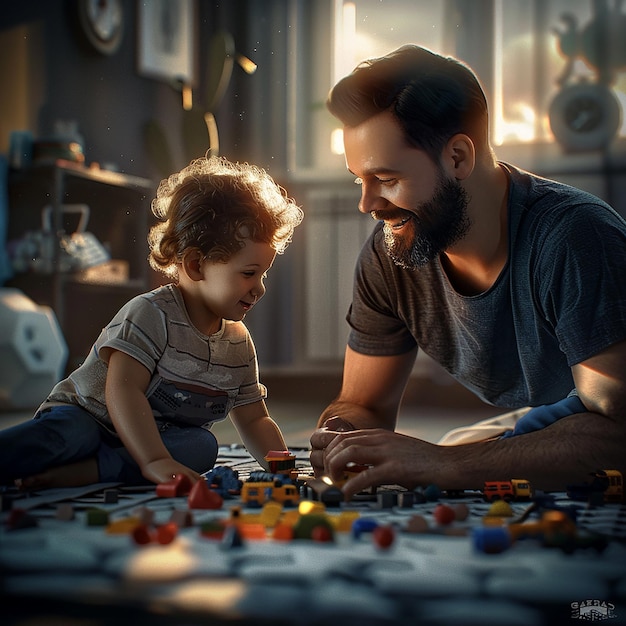 Fotos renderizadas em 3D de um pai feliz brincando com seu filho em um jogo de rosto hiper-realista em um ambiente feliz