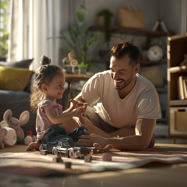 Foto fotos renderizadas em 3d de um pai feliz brincando com seu filho em um jogo de rosto hiper-realista em um ambiente feliz