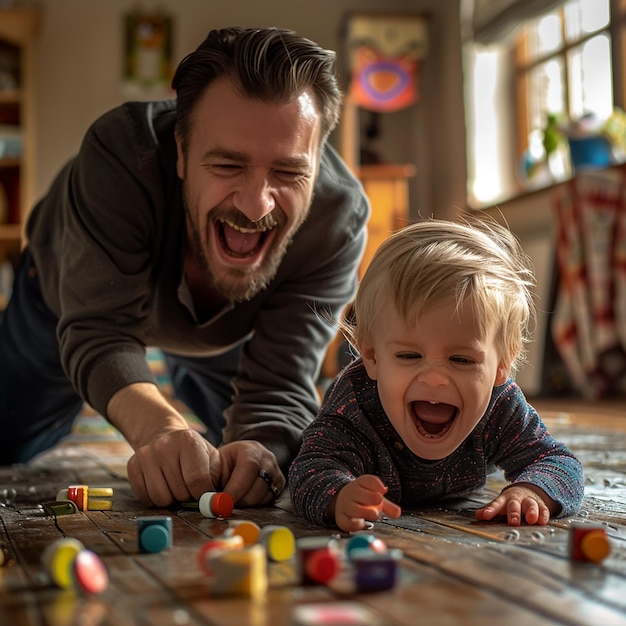 Foto fotos renderizadas em 3d de um pai feliz brincando com seu filho em um jogo de rosto hiper-realista em um ambiente feliz