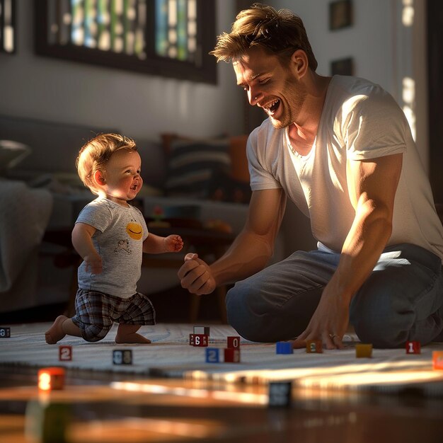 Fotos renderizadas em 3D de um pai feliz brincando com seu filho em um jogo de rosto hiper-realista em um ambiente feliz