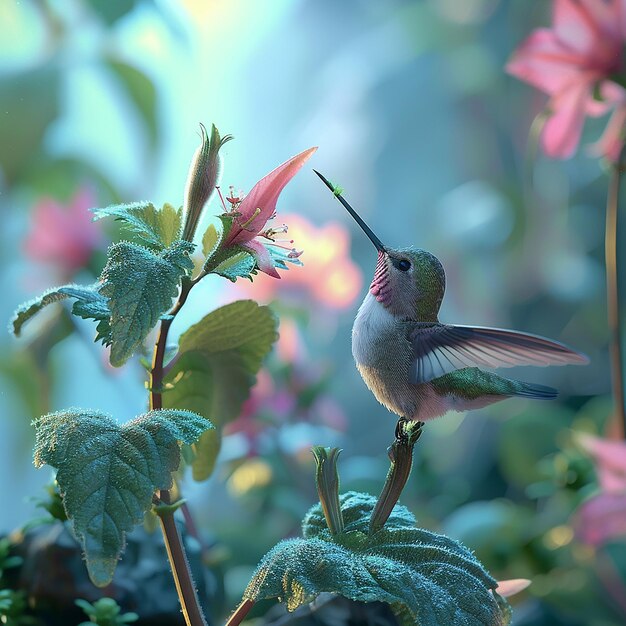 Fotos renderizadas em 3D de um pássaro colibri parado com as penas abertas em torno de uma flor