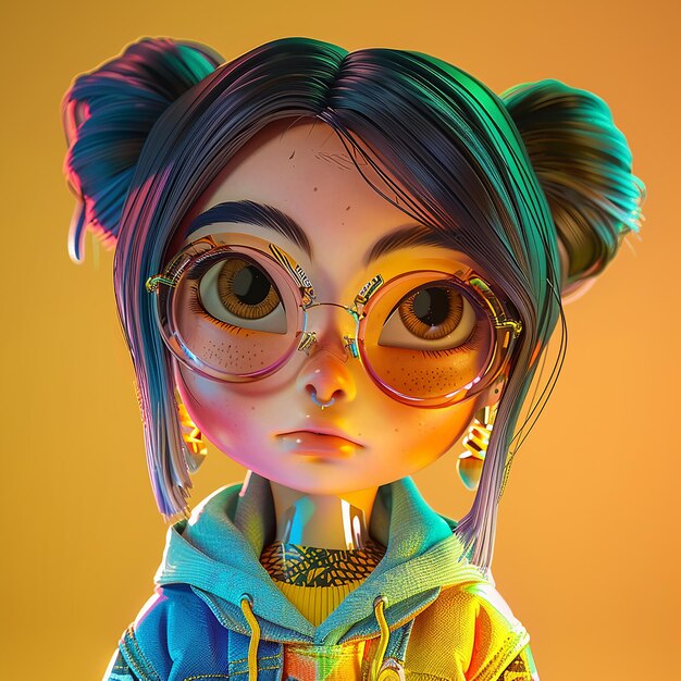 Foto fotos renderizadas em 3d de um retrato de uma garota de estilo pixar vestindo roupas de locomotiva de moda de rua