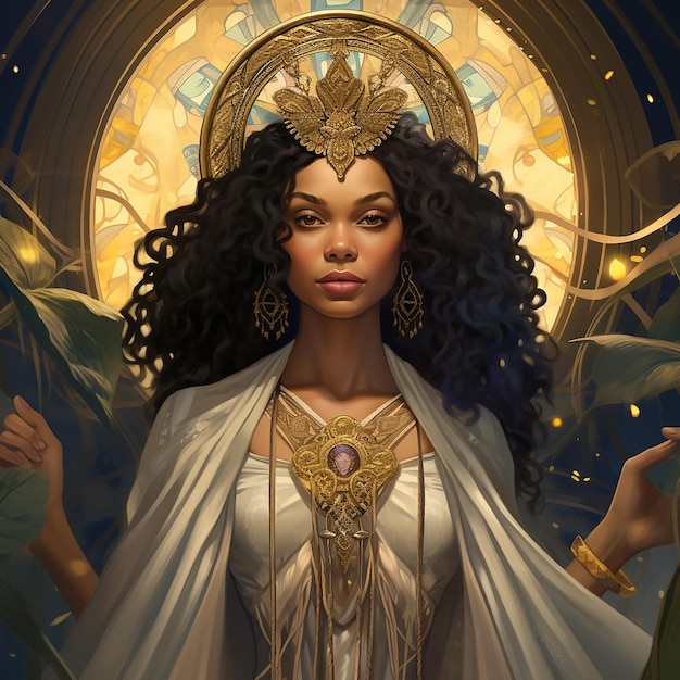 Fotos renderizadas em 3D de uma carta de tarot retratando Tessa Thompson como a Alta Sacerdotisa projetada no