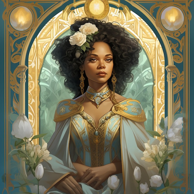 Fotos renderizadas em 3D de uma carta de tarot retratando Tessa Thompson como a Alta Sacerdotisa projetada no