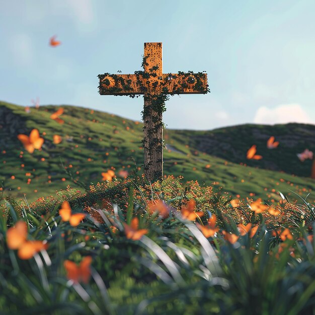 Foto fotos renderizadas em 3d de uma cruz com detalhes laranja sob uma colina com fundo de grama verde é um azul