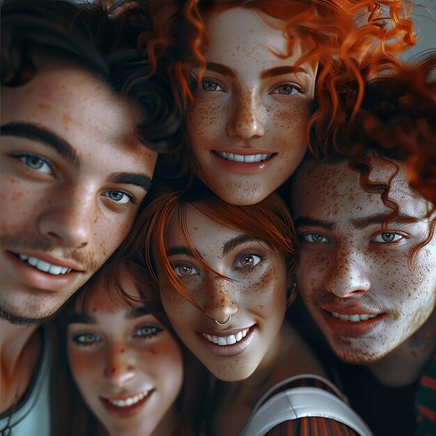 Fotos renderizadas em 3D de uma equipe feliz de adolescentes em uma cena aleatória