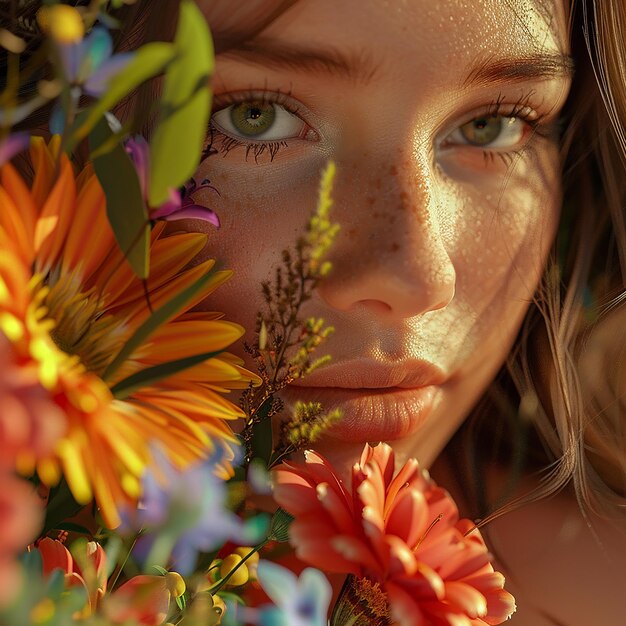 Foto fotos renderizadas em 3d de uma menina segurando um buquê colorido de flores