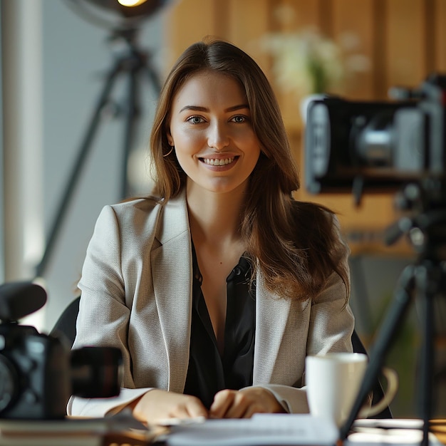 Foto fotos renderizadas em 3d de uma mulher de negócios europeia sentada atrás de uma mesa gravando um vídeo tutorial