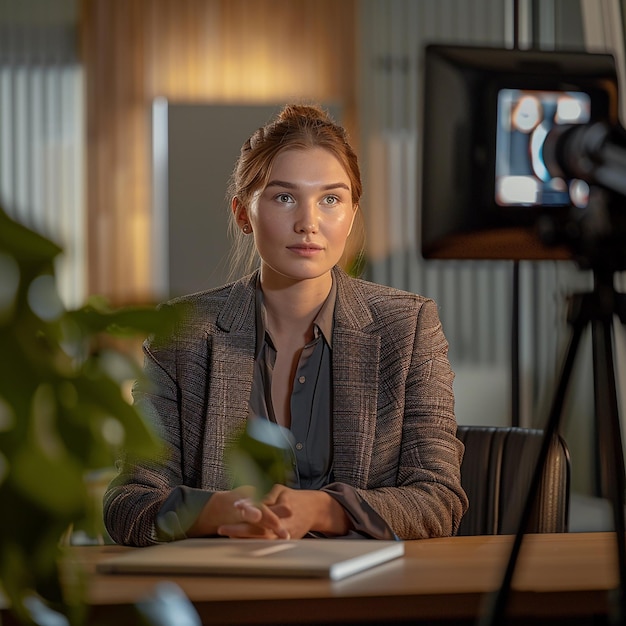 Fotos renderizadas em 3D de uma mulher de negócios europeia sentada atrás de uma mesa gravando um vídeo tutorial