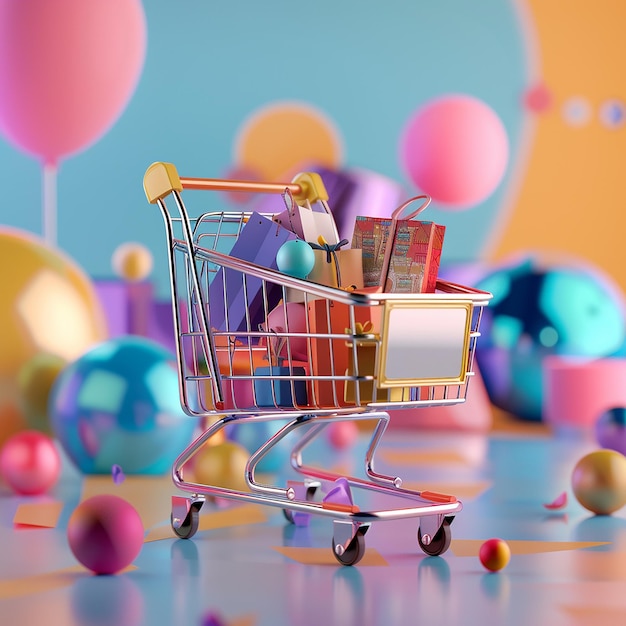 Fotos renderizadas em 3D do carrinho de compras colorismo vibrante fundo tema de compras on-line