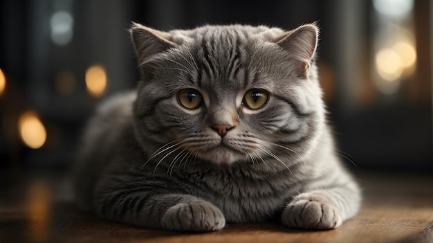 Fotos süße flauschige graue Haustierkatze liegt auf einem Holztisch