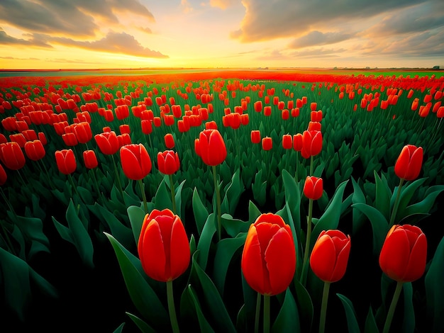 Fotos de los tulipanes holandeses desde el suelo y el cielo