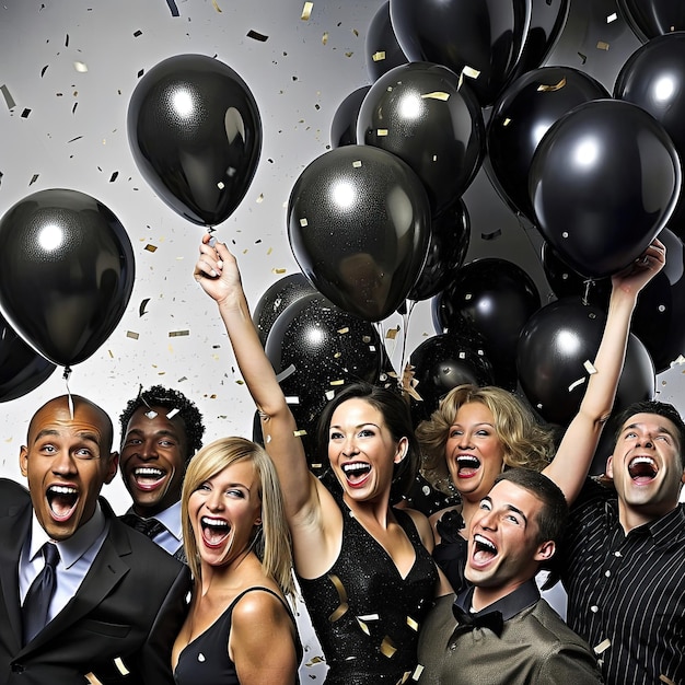 Foto fotos von leuten, die sich auf der party mit schwarzen ballons und konfetti amüsieren