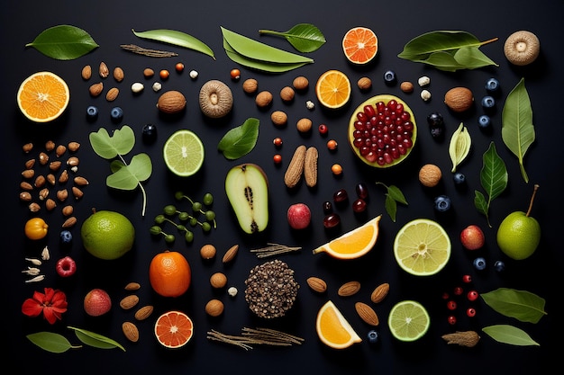 Fotosatz von Früchten, Samen und Blättern