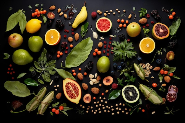 Fotosatz von Früchten, Samen und Blättern