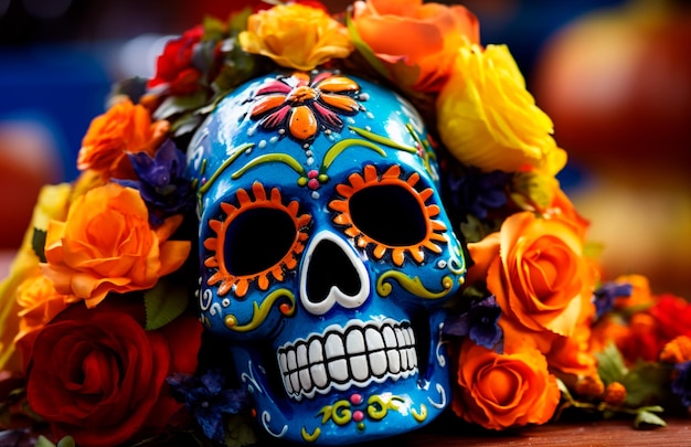 Fotoschädel mit Blumenkerzen Tag des toten Mexiko-Konzepts