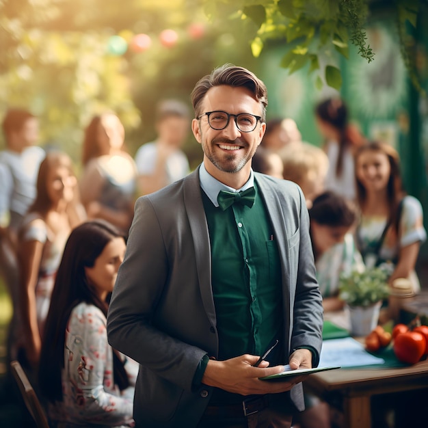 Fotoschüler begrüßen ihren Lehrer im Klassenzimmer für das Konzept der generativen KI zum Lehrertag