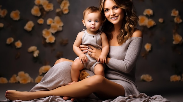 Fotosession einer Mutter und eines Babys im modischen Stil, die in einem sehr attraktiven Look auf dem Boden sitzen