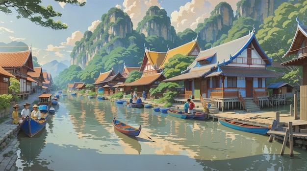 Fototapeten Thailand Landschaft traditionelles Haus in der Nähe von Fluss generative KI-Kunst schöne Aussicht